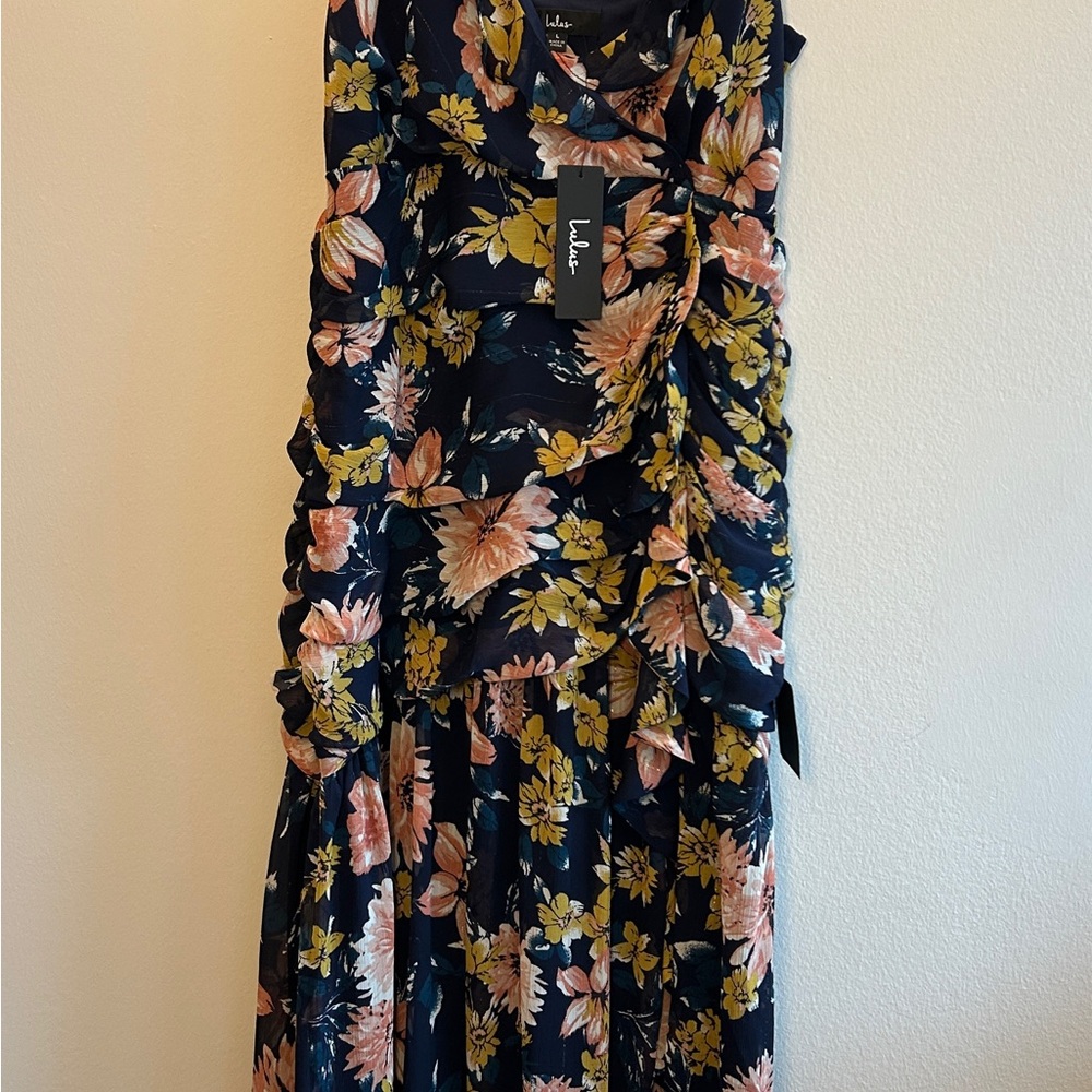 Lulu's Navy Floral Midi Dress with Pink & Yellow Blooms - Picture 3 of 8